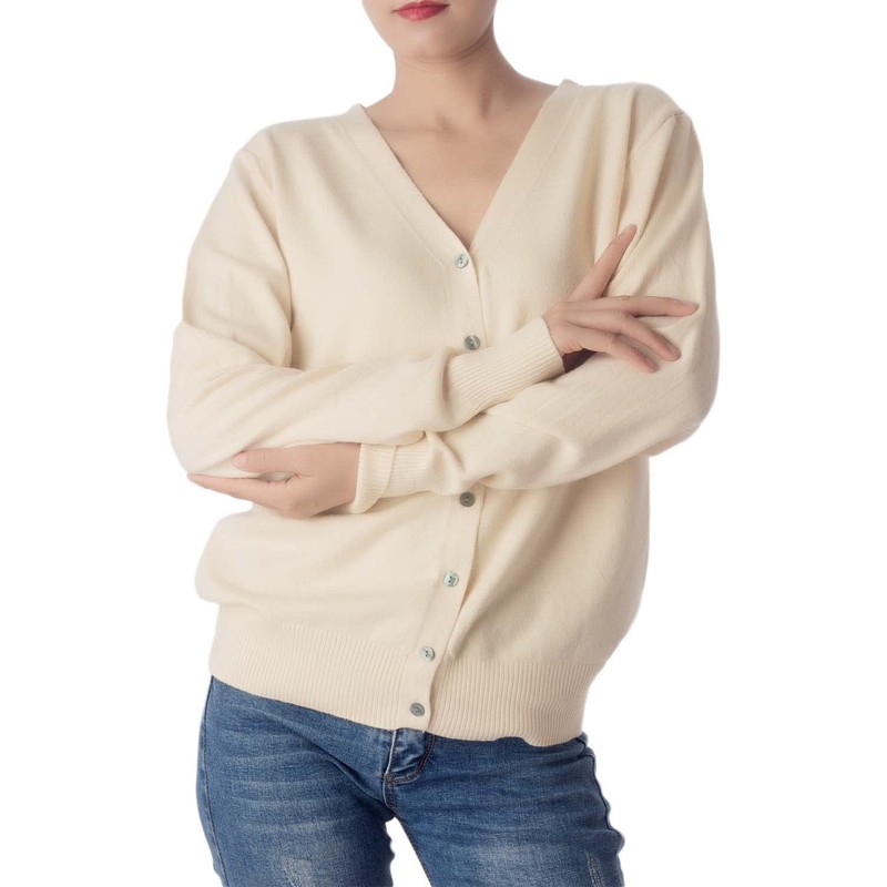 iB-iP Women's Lightweight V-Neck Cardigan Pullover Cardigan, cream