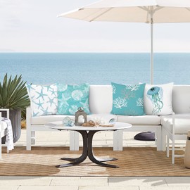 Bonhause 4er Set Kissenbezüge 45 x 45 cm Strand Seestern Muschel Quallen Küstenblau Samt Soft Dekorative Kissenhülle Zierkissenbezüge für Sofa Wohnzimmer Auto Zuhause Dekoration