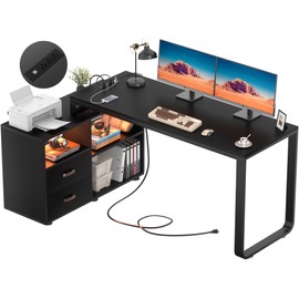 Homieasy L Shaped Desk with File Cabinet & Power Outlet, Reversible 55 Inch Large Corner Computer Desks with LED Strip, L-Shaped Computer Desk with Drawers and Storage Shelves, Black