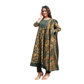 ORCHID BLOOM Printed Cotton Anarkali 3pc Suit Pant Set (Green, Large)
