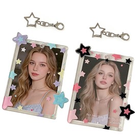 Belmeri 2 Pack Photocard Holder Keychain, Cute Acrylic Pc Photo Card Holder with Star Pendant, Clear Hard Protective Case for 2.75 Inch Photo Cards, ID, Bus Cards, Star Photocard (Black + Purple)