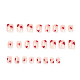 24 Y2K Nude Pink Short Square Fake Nails, Red Heart With White Polka Dot Design, Full Cover Fake Nail Set, 1 Nail File And 1 Nail Glue Sticker Set, Suitable For Girls Mom Nail Gifts.