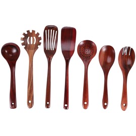 Exogio 7 Pack Kitchen Utensils Set, Wooden Spoons for Cooking, Cooking Spoon, Spatula, Ladle, Pasta Ladle, Natural Teak Wood, Slotted Spoon, Wooden Spatula, Non-Stick Kitchen Utensil Set