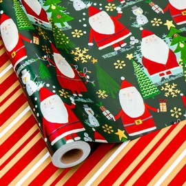 MAYPLUSS Christmas Wrapping Paper Roll, Reversible Green Santa Wrapping Paper, Christmas Tree,Snowman Holiday Gift Wrap with Metallic Foil Shine, Festive Gift Packaging (Mini Roll, 17 Inch X 33 Feet)