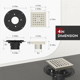 WEBANG 4 Inch Square Shower Floor Drain with Flange,Quadrato Pattern Grate Removable,Food-Grade SUS 304 Stainless Steel,Watermark&CUPC Certified,Brushed Nickel