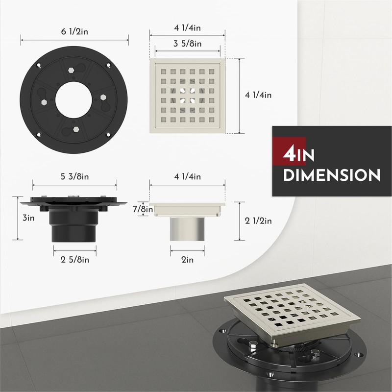 WEBANG 4 Inch Square Shower Floor Drain with Flange,Quadrato Pattern