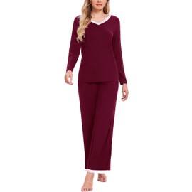 Atxnn Womens Pyjamas Set Soft Nightwear Autumn Winter Pjs Comfy V Neck Loungewear Two Pieces Long Sleeve Long Pant with Pockets for Spring, DARKRED M