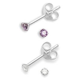 Set of 2 PAIRS Sterling Silver Cubic Zirconia stud Earrings - SIZE: TINY 2mm - Very Small & discreet - Purple & Clear