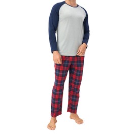 DAVID ARCHY Mens Pajamas Set - Soft Pj Sets for Men Cotton Sleepwear Long Sleeve Top & Flannel Bottom Pajama Lounge Set(S, Moonlight Blue+Maroon Plaid)