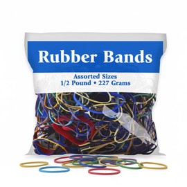 BAZIC Products Rubber Bands, Assorted Size 1/2 Lbs. Made in USA, Elastic Stretchable Bands for Bank Paper Bills Money Dollars, Colors Sizes May Vary, 1-Pack