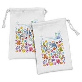 Ambesonne Tropical Animals Fabric Pouch Set of 2, Diving Sea Fauna Pattern Marine Objects Whale Corals Underwater, Small Drawstring Bag for Toiletries Masks and Favors, 9" x 6", Multicolor