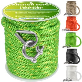 Premium Anchor Rope 50 ft x 3/8 inch, Solid Braid MFP Anchor Line Boat Rope Marine Rope,Boat Anchor Rope with Thimble & Shackle - Green/Yellow