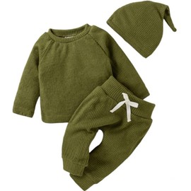 PATPAT 3pcs Newborn Baby Clothes Long Sleeve Ribbed Top Pants and Matching Hat Set Fall Winter Outfit Birthday Gift Green 18-24 Months