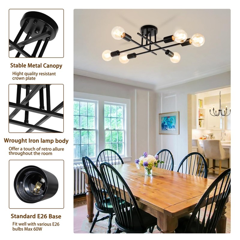 Rviezza 6-Lights Semi Flush Mount Modern Ceiling Light Fixture, Industrial