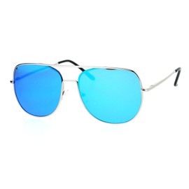 Flat Top Racer Aviator Sunglasses Unisex Fashion Silver, Blue Mirror Lens UV 400