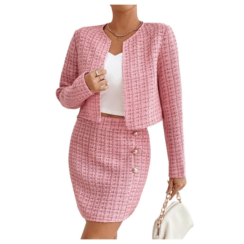 Floerns Women's 2 Piece Outfits Plaid Tweed Blazer Long Sleeve