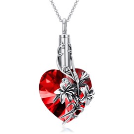 TOUPOP Lily Urn Necklace Heart Cremation Jewelry for Ashes 925 Sterling Silver Flower Pendant Necklaces with Crystal w/Funnel Filler Memorial Keepsakes Jewelry Gifts for Women Girls