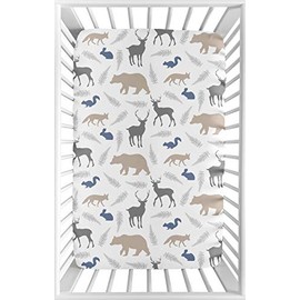 Sweet Jojo Designs Grey and Blue Baby Boy Fitted Mini Portable Crib Sheet for Woodland Animals Collection - for Mini Crib or Pack and Play ONLY