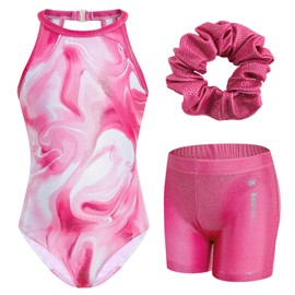 JiAmy Gymnastics Leotards for Girls with Shorts Set, Clasp Back Athletic Activewear Sparkle Kids Gymnastics Outfit for 11-12 Years