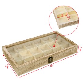 Mooca Wooden Display Storage Case with Tempered Glass Lid for Jewelry and Beads with 18 Compartments Tray, Oak Color, 15" W x 8 3/4" D x 2" H