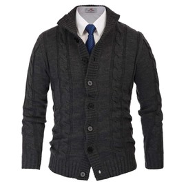 PJ PAUL JONES Mens Cable Knit Cardigan Chunky Button Down Stand Collar Thermal Cardigan Sweaters Grey L