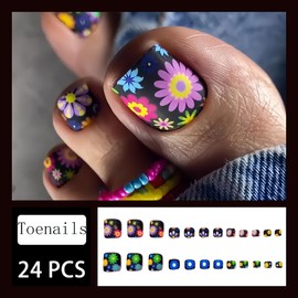 Colorful Flowers Press on Toenails Short Square Fake Toenails Black Matte Acrylic False Nails with Floral Designs Full Cover Toe Artificial Spring Summer Stick on Nails for Women Girls 24Pcs
