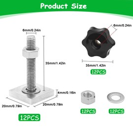 DAIRYCOF 12 Sets T-Nut Nutensteine M6x35mm, 20x20x4mm Nutensteine Dachträger inkl. Sterngriffmuttern & Unterlegscheiben – kompatibel mit Dachträger, Relingträger, Fahrradträger & Schiene