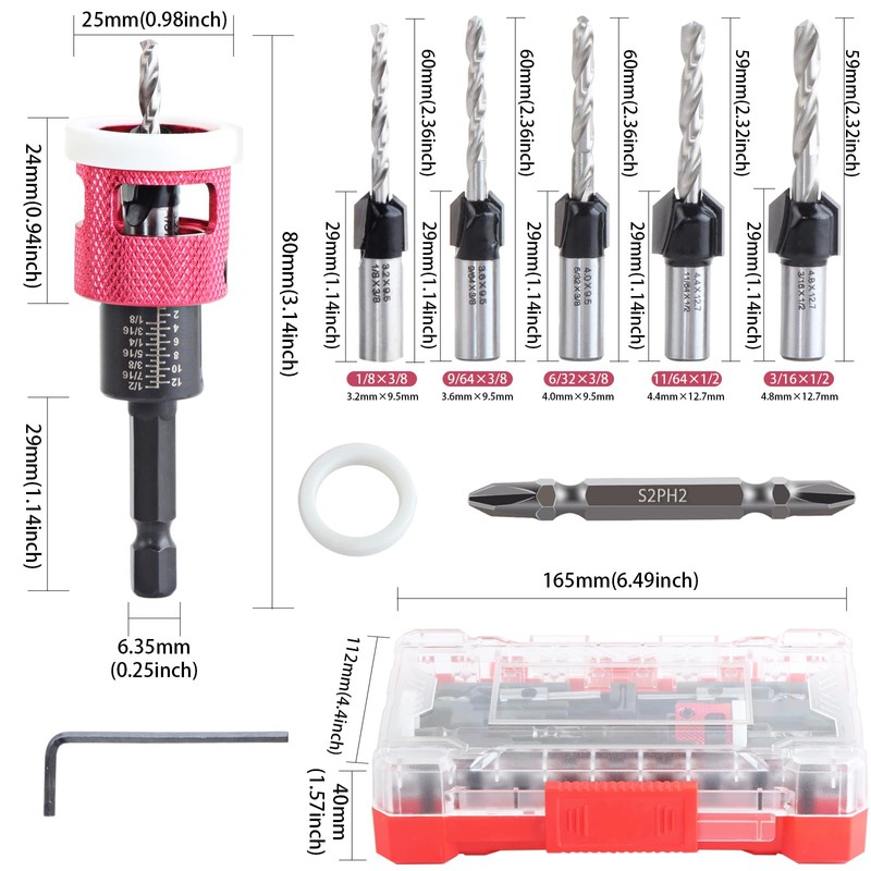 YUENTOEN 6Pcs Countersink Drill Bit Set with Low Friction Depth