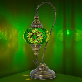 mozaist Moroccan Mosaic Tiffany Style Desk Lamp, Turkish Stained Glass Handmade Bedside Gooseneck Table Lamp, Bohemian Living Room Vintage Light with E12 Socket & US Plug (Dark Green)