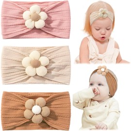 ZUJIACUN 3PCS Nylon baby headband Floral Headband Elastic Baby girl Bow and headband, Baby Girl Bow and headband, Newborn Baby headband with bow, baby birthday prop headband