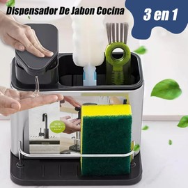 Dispensador de Jab?n Cocina 3 en 1 con Porta Esponja Y Soporte Para Cepillo, Organizador de Fregadero y Tarja de Acero Inoxidable, Jabonera para Trastes con Bandeja de Drenaje