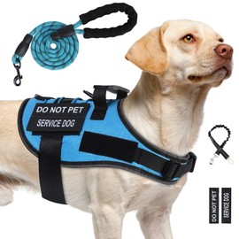 No Pull Dog Harness for Large Medium Sized Dogs, Service Dog Harness and Leash Set with 4 Patches, Adjustable Easy Walk Dogs Harnesses with Handle, Dogs Vest Harnesses for Training (Blue, L)