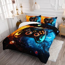 AILONEN Gamer Comforter Set Twin Size,Ice and Fire Gaming Bedding Set for Kids Boys,Space Planet Gamepad Bed in a Bag 3 Pieces,Game Controller Comforter with 2 Pillowcases