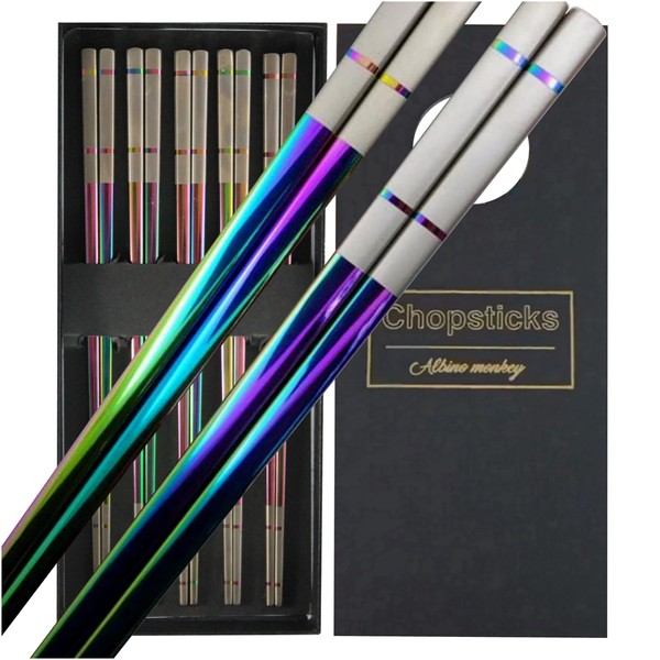 Albino Monkey Reusable Chopsticks - Extra Long 9" - 5 Pairs per Pack - Made of Food-Safe Stainless Steel - Holographic Design - Asian Dining Utensils for Home Kitchen & Restaurants - Nice Giftable Box