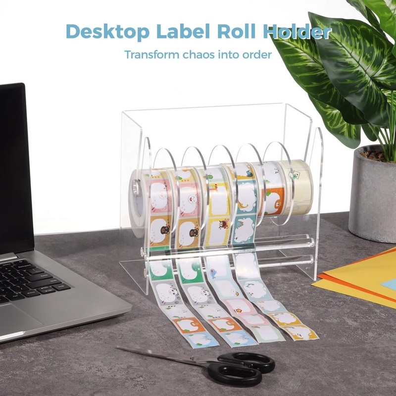 YOFAPA Clear Label Roll Holder, Transparent Acrylic Tape Dispenser, Adjustable