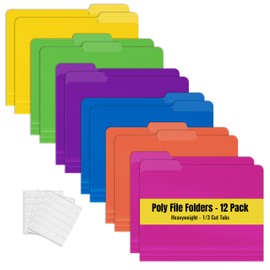Better Office Products Heavyweight Poly File Folders, 1/3 Cut Tabs, 12 Pack, Assorted Colors, Letter Size, with Adhesive Labels,