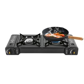 Cooktops, Camping Stove 2 Burners, Gas Stove, Portable Lightweight Dual Burner Cooktop Buffet, Gas Cooktop Double Burners Stove, for RV, Apartments, Outdoor, with Grill Tray & Storage Case, Black