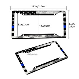 Thin Blue Line American Flag License Plate Frame - 2 Pack Patriotic Vintage Flag License Plate Holder，Metal Front/Rear Car Tag Cover with Screws，Decorative Police Support Accessory for Women Men