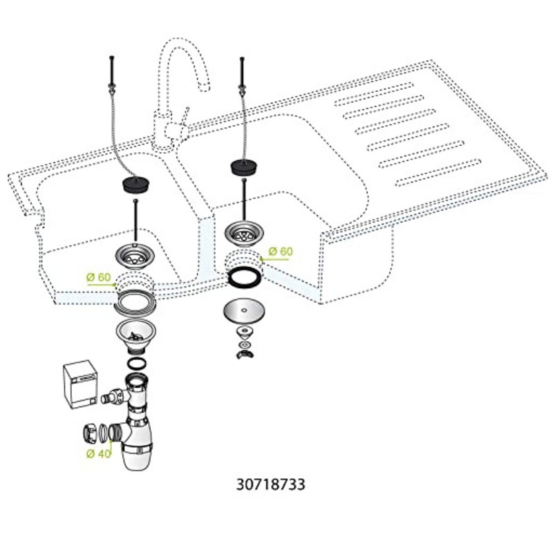 Wirquin 30718733 – Drain for 2 Communicating Basins D60 mm