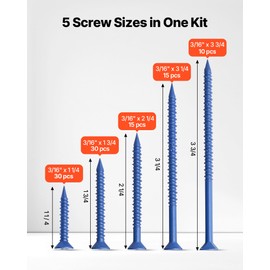 VEVOR Concrete Screws 100 PCS Kit, 3/16 inch 5 Lengths Assortment with Drill Bits, Phillips Head Masonry Screws, Blue Coated Carbon Steel for Concrete Brick Block & Wood