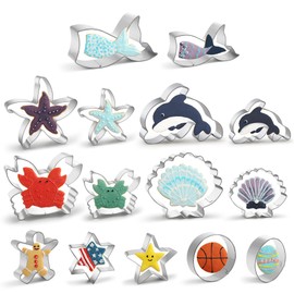 Under The Sea Cookie Cutters 15-Pc. Set, Mermaid Tail, Starfish, Seashell, Dolphin, Crab and More, Large Fun Shapes Biscuit Fondant Cutters, Stainless Steel Sandwich Biscuit Cutter Mold for DIY Baking