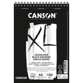 CANSON XL Double-Sided (Grained & Smooth) A5 150gsm Black Drawing Paper Spiral Pad, 20 Black Sheets, Ideal for Professional Artists & Students