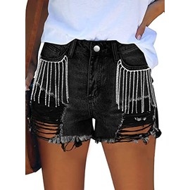 JMITHA Black Shorts with Rhinestone Mid Rise Ripped Summer Stretchy Denim Shorts 2025 (12, Black)