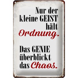 Tin Sign 20 x 30 cm – Made in Germany – Saying Geist hält Ordnung Genie Chaos Metal Decorative Tin Sign