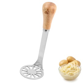 Potato Masher, Stainless Steel Potato Mashers with Wood Handle Kitchen Food Masher for Mashed Potato, Tomato Puree, Baby Food, Jam, Vegetable & Fruits F4-XXYNQ
