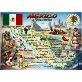 Mexico Graphic Map and Attractions Souvenir Fridge Magnet 2.5" X 3.5"