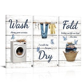 WELMECO Laundry Signs Laundry Room Wall Decor Wash Dry Fold Picture Framed Prints Farmhouse Laundry Decor 6x12inchx3Pieces (Blue)