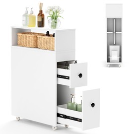 LOKO Slim Bathroom Storage Cabinet with Wheels, Narrow Toilet Side Cabinet with Drawers, Removable Storage Baskets, Toilet Brush Holder, Movable Bathroom Organizer or Skinny Corner, Narrow Spaces
