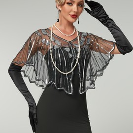 BAOKELAN Women 1920s Shawl Sequin Beaded Evening Cape Retro Wraps Scarf Cover Up for Wedding Party Bride Dress Black Silver