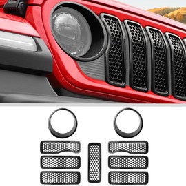 JWWY Headlight Front Grille Mesh Inserts Grille Embellishment Headlamp Grille Accent Kit Trim Fit for 2024 Jeep Wrangler JL JLU & Gladiator JT 4XE Exterior Accessories ABS 9pcs Black (Without Camera)